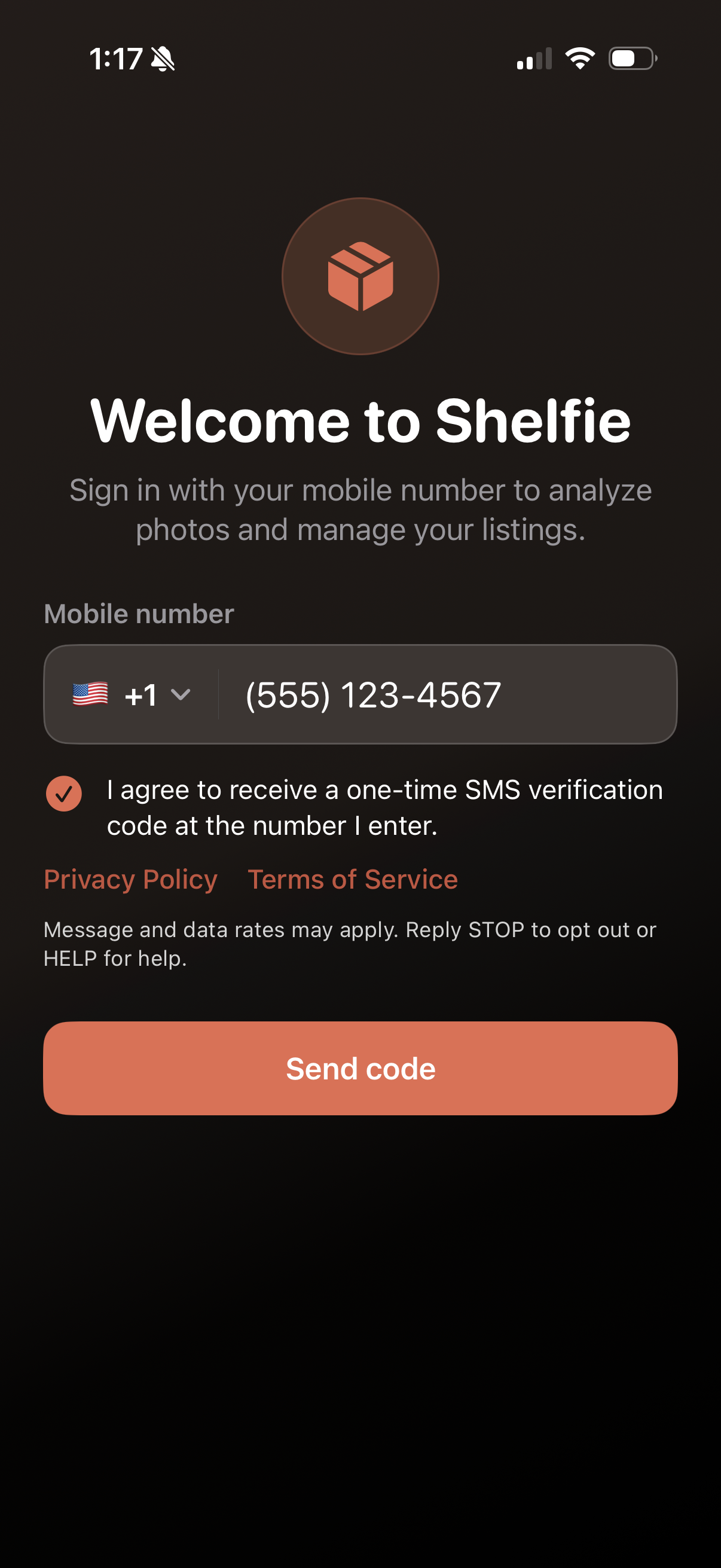 Shelfie sign-in screen with phone number field, SMS consent checkbox, Privacy Policy and Terms links, and Send code button